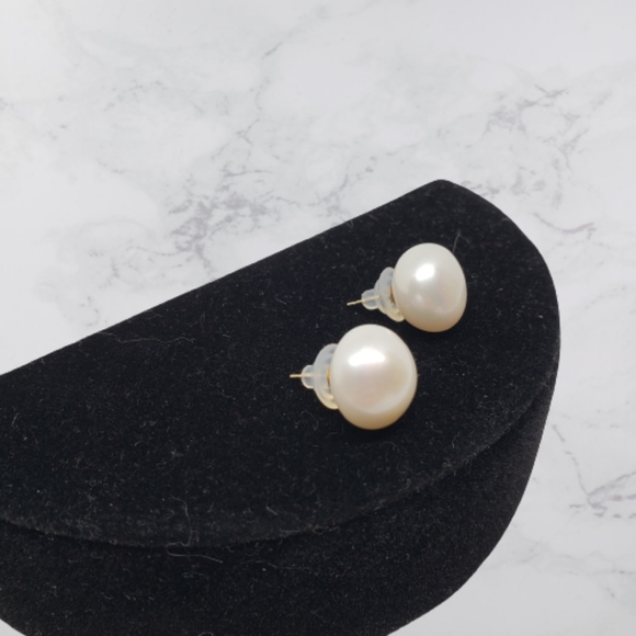 White Cultured Freshwater Pearl 14-15mm 14k Yellow Gold Button Stud Earrings